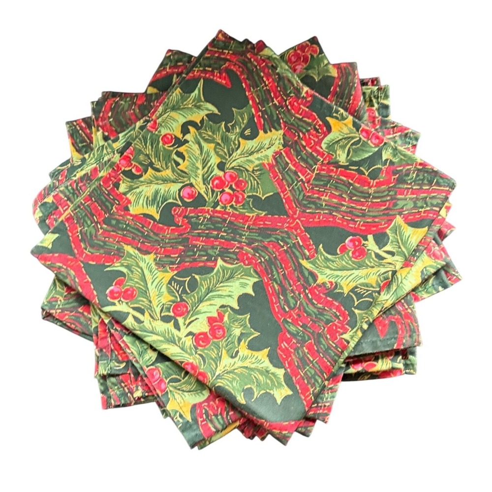 8 Christmas Holly Berry Red Ribbon Green Cotton Cloth Napkins 18"x18" Vintage